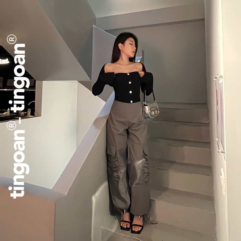 TINGOAN® - Quần dài cạp thường nhún túi có logo TINGOAN® rút dây gấu xám NIKKI PANTS/GR phiên bản mớ