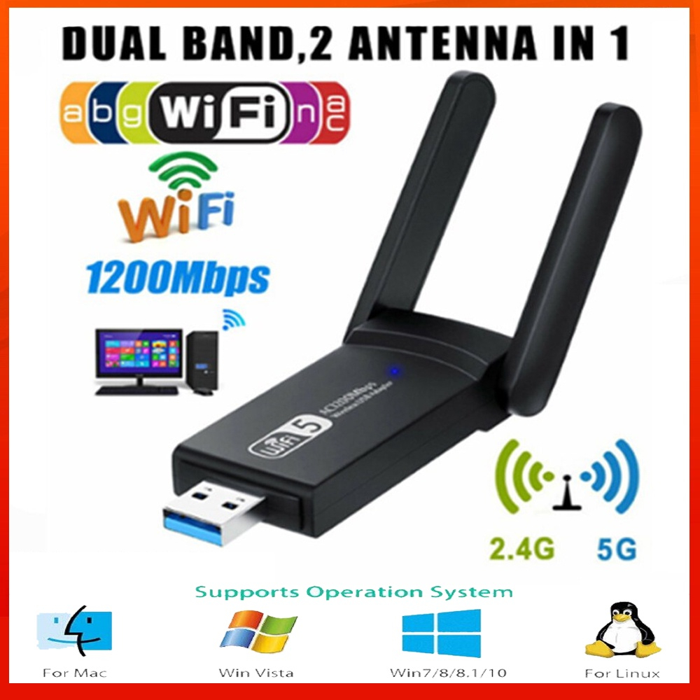 Bộ Chuyển Đổi WIFI USB 3.0 1200Mbps Băng Tần Kép 5GHz 2.4GHz 802.11AC RTL8812BU Dongle Ăng Ten WIFI Card Mạng