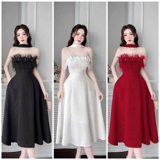 Đầm cúp đính hoa lông vũ