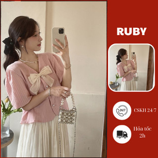 Áo sơ mi ngắn tay ruby đính nơ cổ, áo sơ mi crotop màu hồng nhẹ nhàng quyến rũ