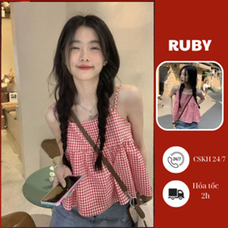 Áo babydoll hai dây Ruby họa tiết caro, Áo hai dây hở lưng dáng ngắn phong cách ngọt ngào