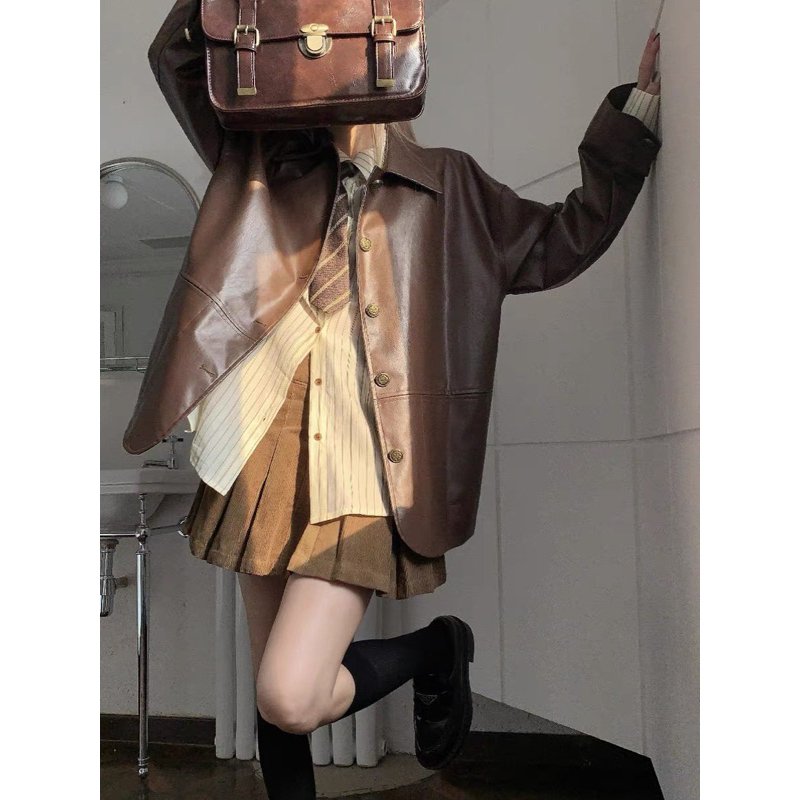 Áo khoác da màu nâu dáng rộng phong cách Hàn Quốc sang trọng thời trang thu đông cho nữ