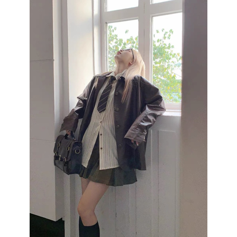 Áo khoác da màu nâu dáng rộng phong cách Hàn Quốc sang trọng thời trang thu đông cho nữ