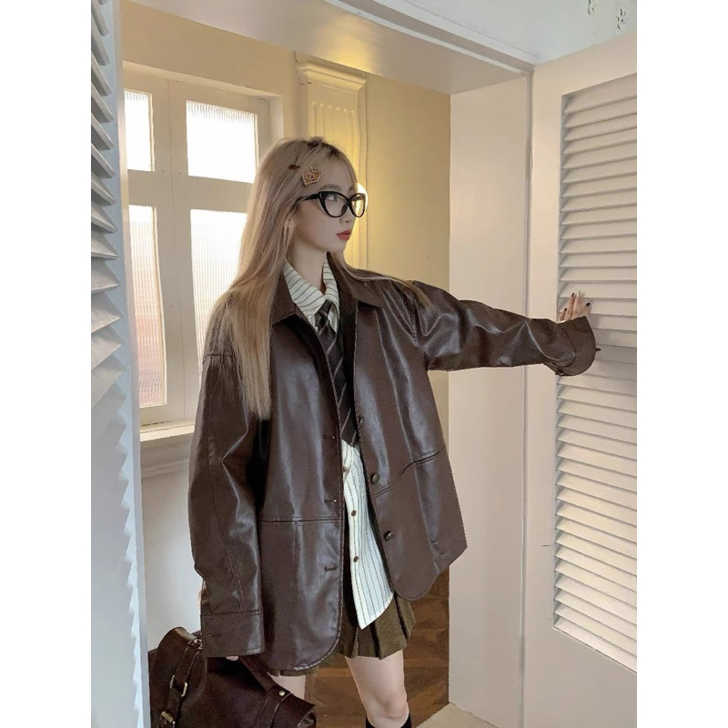 Áo khoác da màu nâu dáng rộng phong cách Hàn Quốc sang trọng thời trang thu đông cho nữ