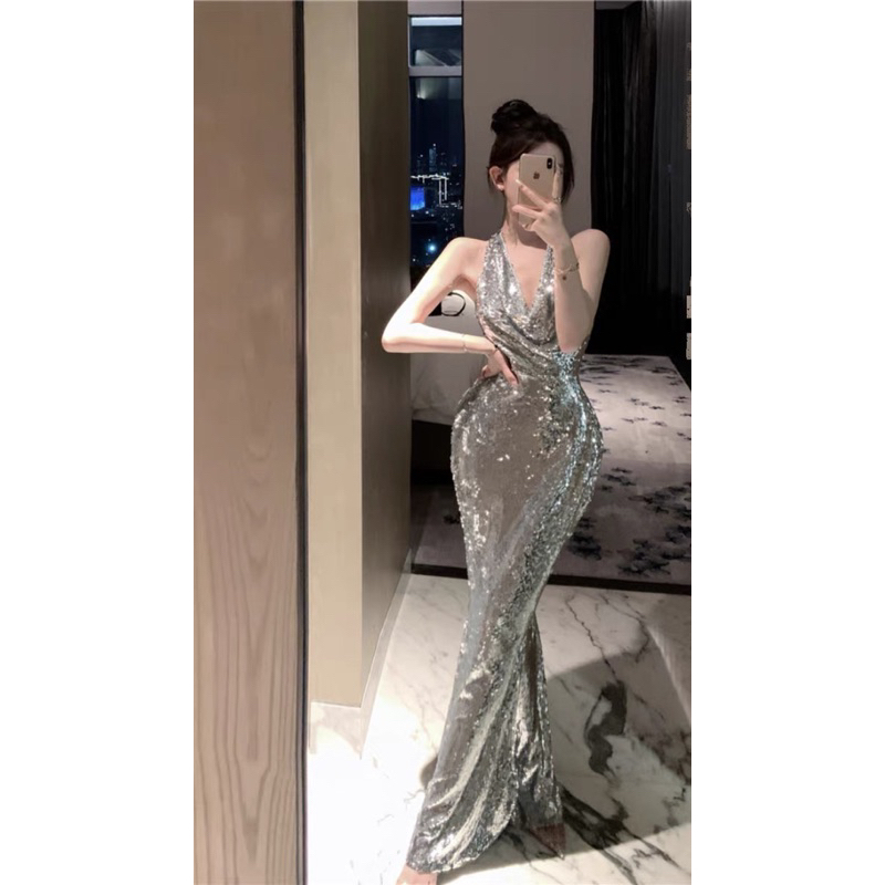 Đầm body hở lưng màu bạc bling khí chất cao cấp tiệc dạ hội