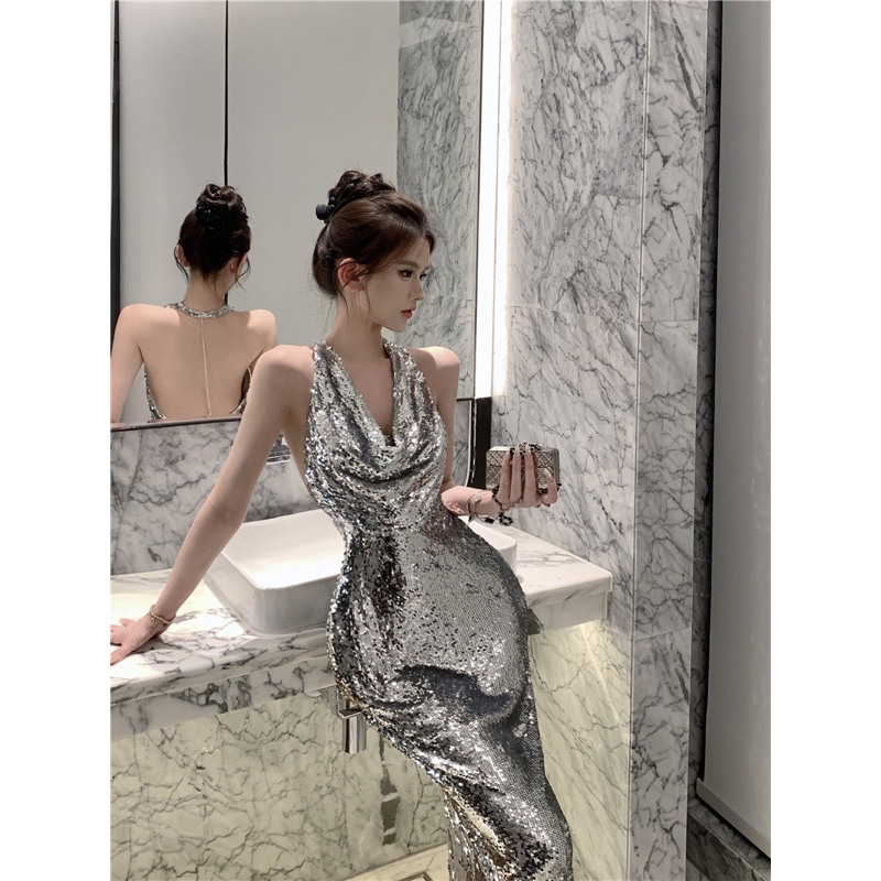 Đầm body hở lưng màu bạc bling khí chất cao cấp tiệc dạ hội