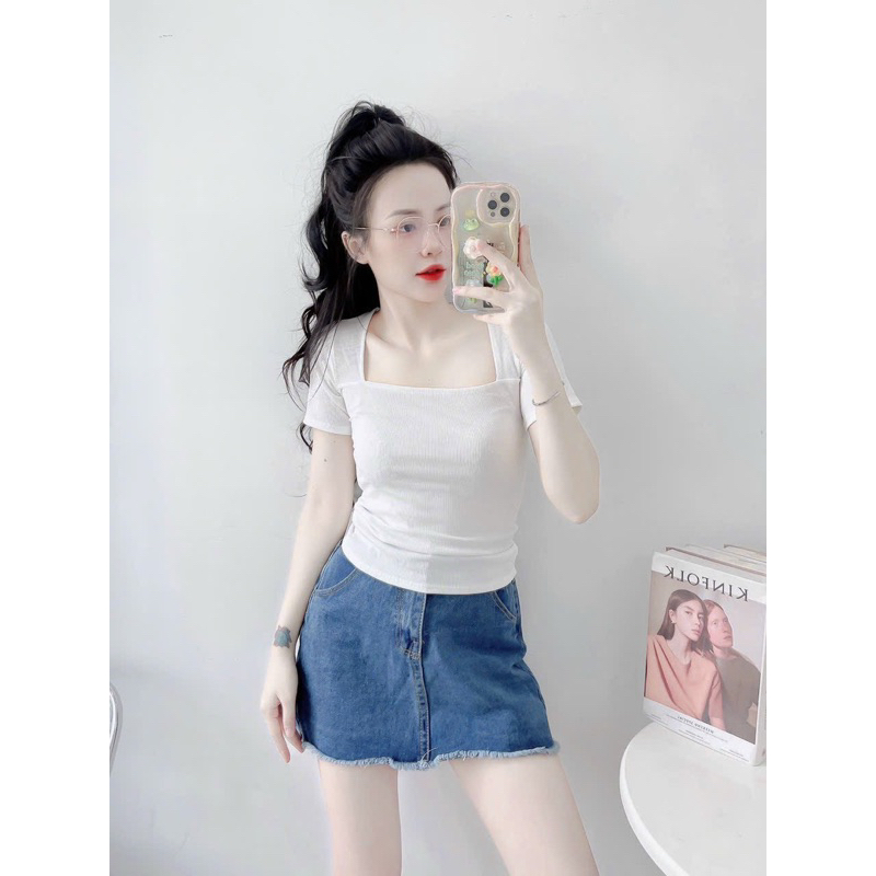 Áo thun cổ vuông tay ngắn NaaMi ôm body siêu tôn dáng màu trơn basic hợp thời trang bắt trend