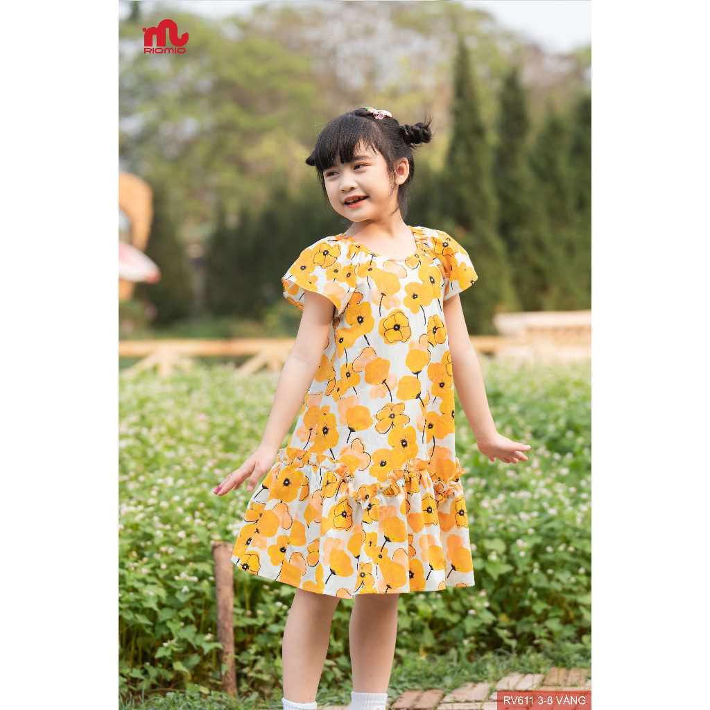 Đầm bé gái Riomio váy công chúa cho bé họa tiết hoa tay phồng dáng babydoll chất thô Hàn siêu mát, mềm 15-32kg - RV611