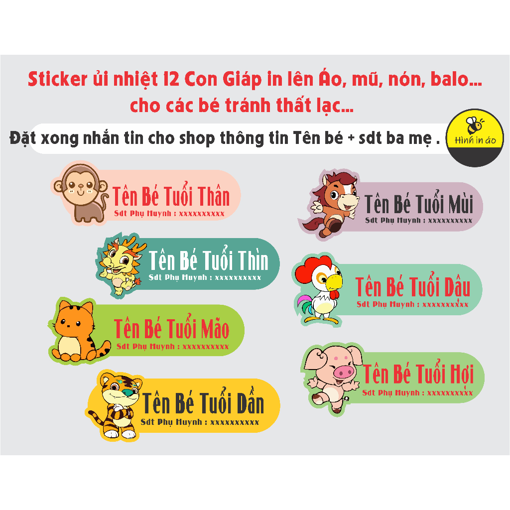 Set Combo Sticker Hình ủi Các con Giáp in vào áo/nón/mũ/balo ... vải cho bé nhiều màu