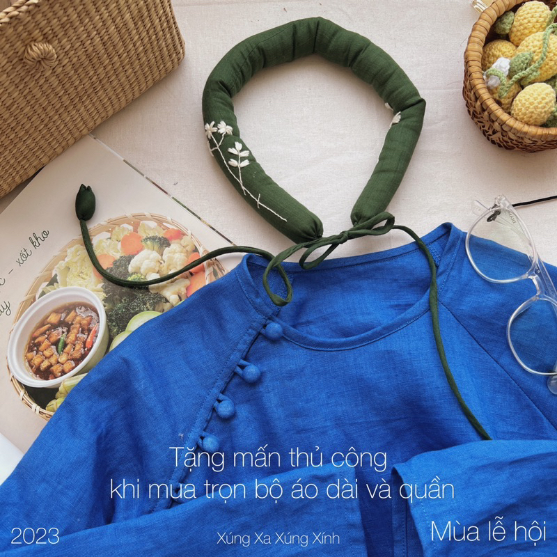 | 0303 studio | áo dài linen cổ tròn thêu nhành ớt - dòng Thu Hà