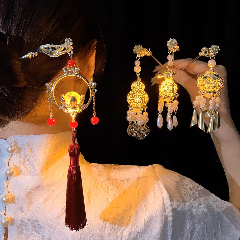 Trâm cài tóc lồng đèn hoa sen phát sáng họa tiết đình lục lăng phong cách cổ trang dùng búi tóc cosplay cổ phục