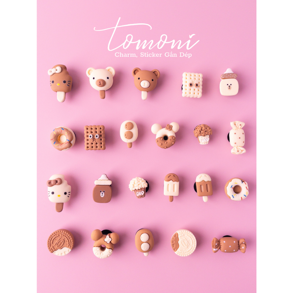 Phụ Kiện Sticker Jibbitz Nút Gắn Giày Dép PVC Hình Kem Tươi, Bánh Kẹo, Mèo Dễ Thương