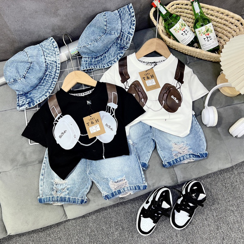 Bộ đồ bé trai kiểu dáng Hàn Quốc, họa tiết HEADPHONE phong cách năng động vải cotton  9-24kg| D&T KIDS