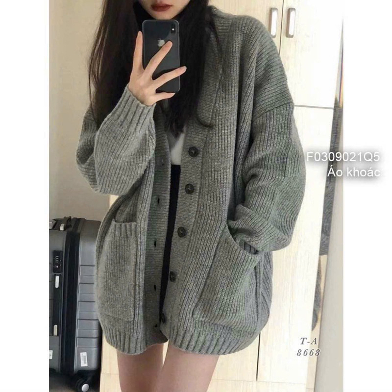 Áo khoác cardigan len gạo cúc cài tay bo cổ v,dáng rộng hàng quảng châu A255