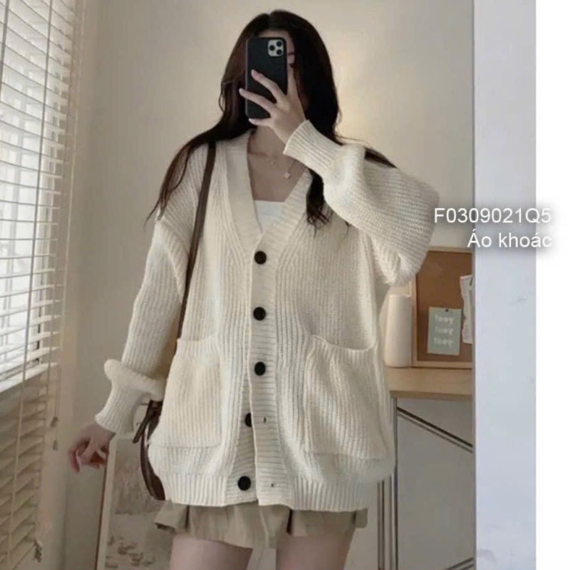 Áo khoác cardigan len gạo cúc cài tay bo cổ v,dáng rộng hàng quảng châu A255