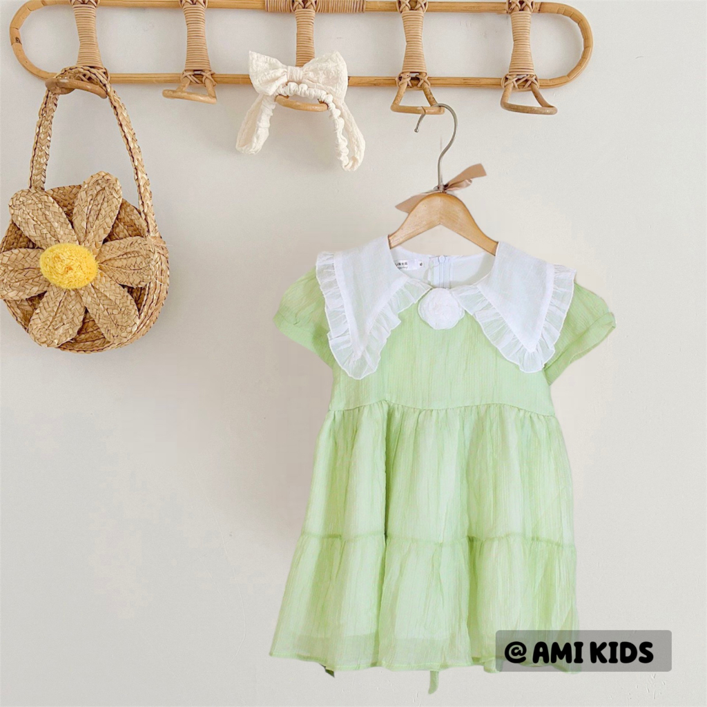 Váy Bé Gái AMIKIDS Xanh Phối Nơ 3 Tầng Công Chúa Xinh Đẹp, Đầm Babydoll Dáng Xoè Cho Bé Gái 2,3,4,5,6,7 Tuổi