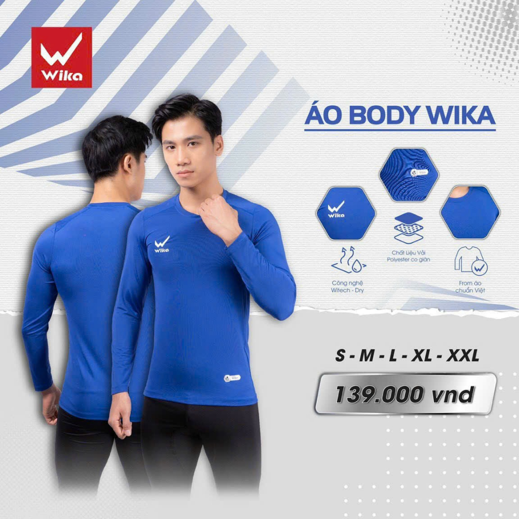 Áo giữ nhiệt nam chính hãng wika, Áo body dài tay thể thao đá bóng tập gym