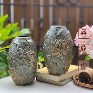 Bình Gốm Bát Tràng Cắm Hoa Vân Nổi Họa Tiết Cá Chép & Hoa Sen - Bình Cắm Hoa Men Lam Chảy Vintage - Lọ Cắm Hoa Decor