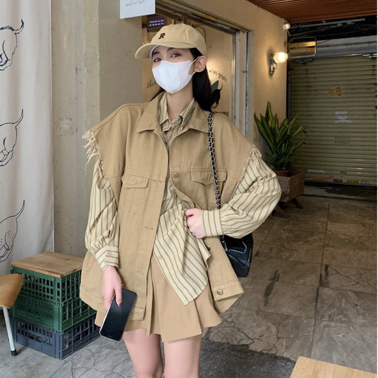 Áo gile jean denim form rộng phối áo sơ mi vintage, áo ghi lê denim màu nâu phong cách retro phong cách Hàn Quốc 2536
