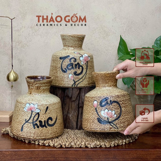 Bình gốm dáng đầm men mộc vàng Bát Tràng vẽ chữ thư pháp 3 họa tiết Phúc, Tâm, An