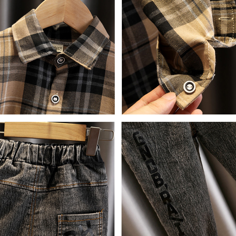 Bộ đồ bé trai họa tiết caro, áo sơ mi tay dài và quần jean bò, thời trang trẻ em cho bé 1-7 tuổi (9-24kg HABI | D&T KIDS