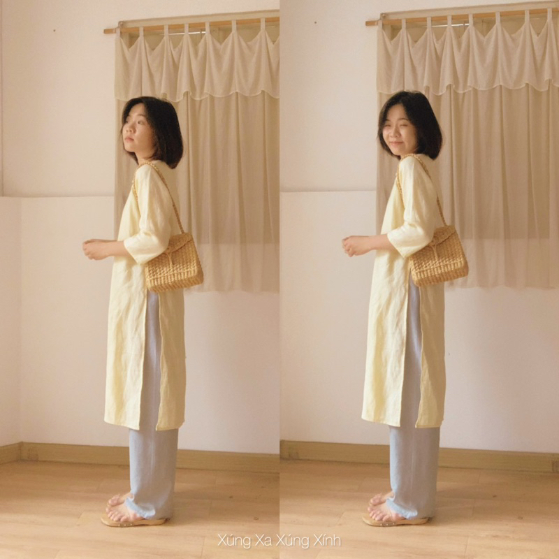 | 0303 studio | áo dài linen cổ tròn thêu nhành ớt - dòng Thu Hà
