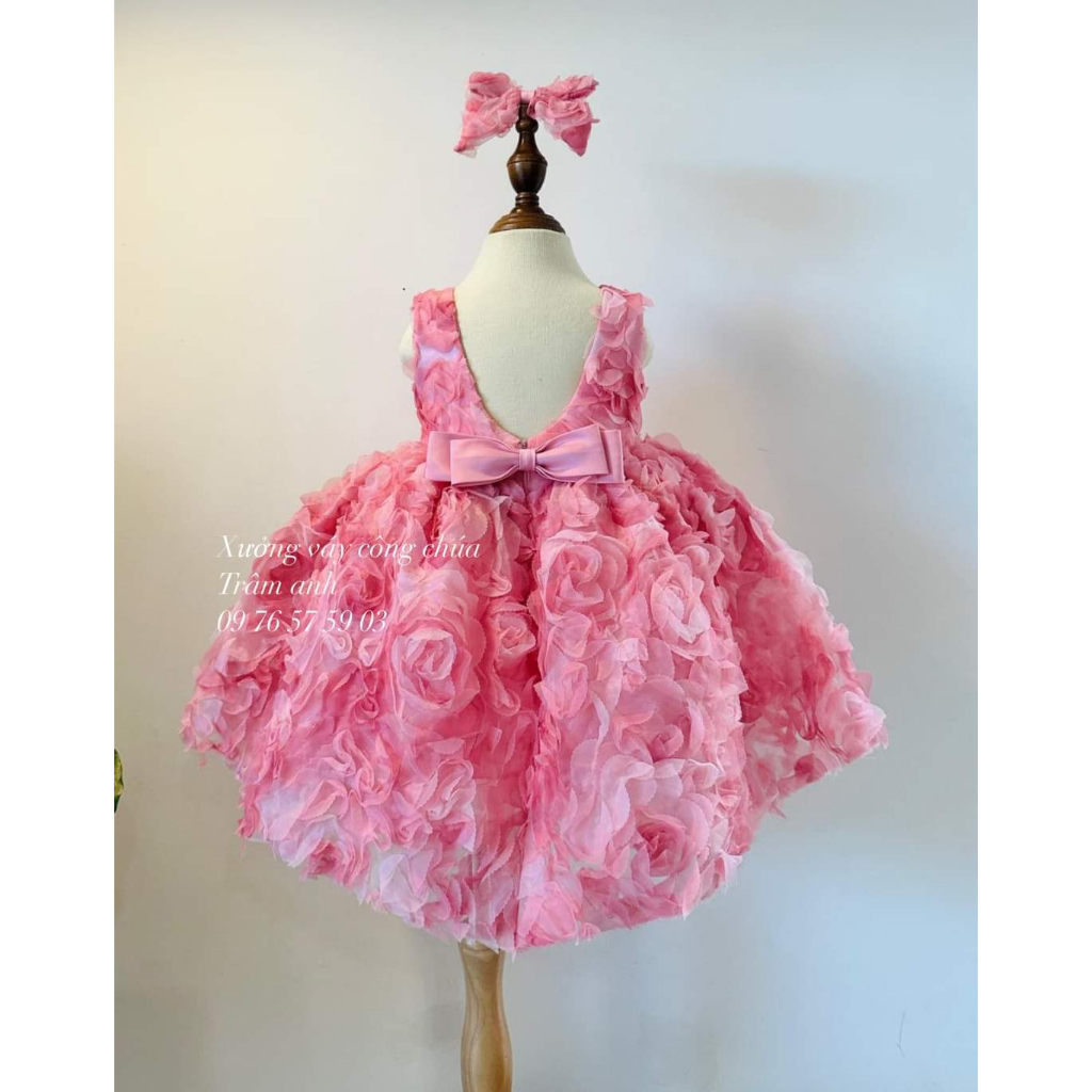 Đầm váy công chúa thiết kế hoa hồng 3D  cao cấp cho bé gái
