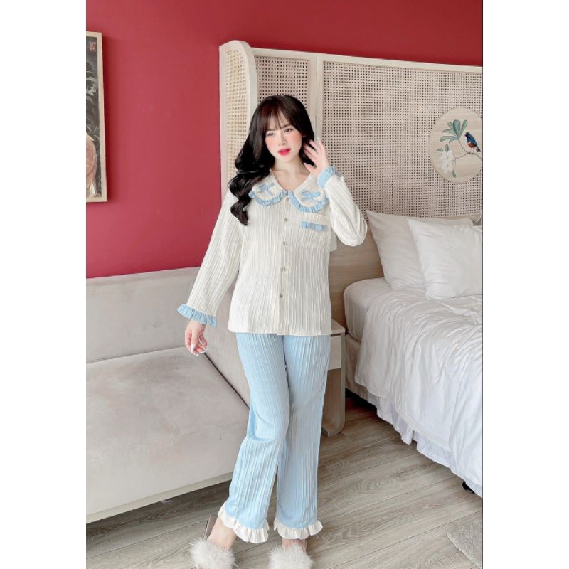 Sét bộ pyjama gân bèo tay dài quần dài dễ thương.