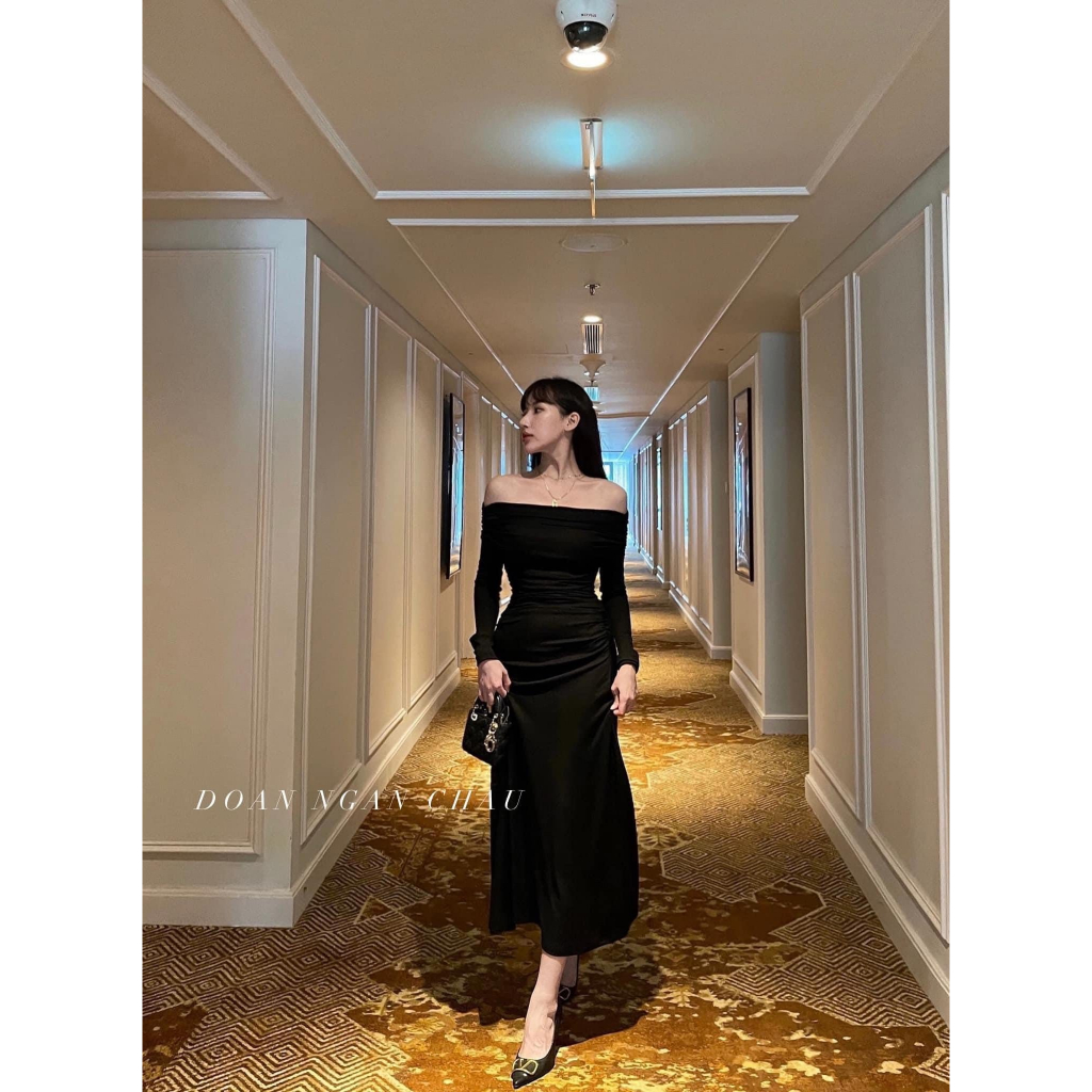 Váy đầm tiểu thư trễ vai dáng dài body Váy đầm len tăm trễ vai phong cách Hàn Quốc cực xinh JiSun's Boutique