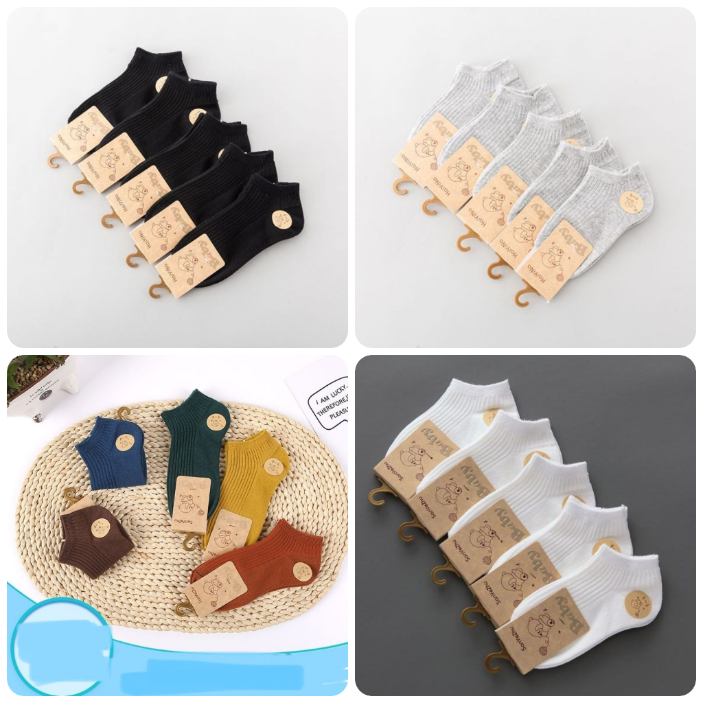 Set 5 đôi Tất cổ ngắn 1 màu cho bé chất cotton dệt kim cao cấp kiểu dáng Hàn Quốc mỏng nhẹ