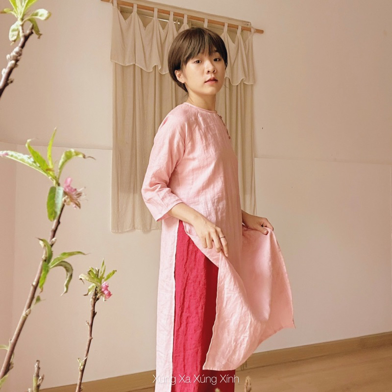 | 0303 studio | áo dài linen cổ tròn thêu nhành ớt - dòng Thu Hà