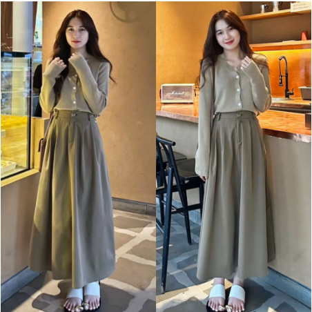 Chân váy kaki cạp cao túi sau xếp ly eo dáng xòe ulzzang