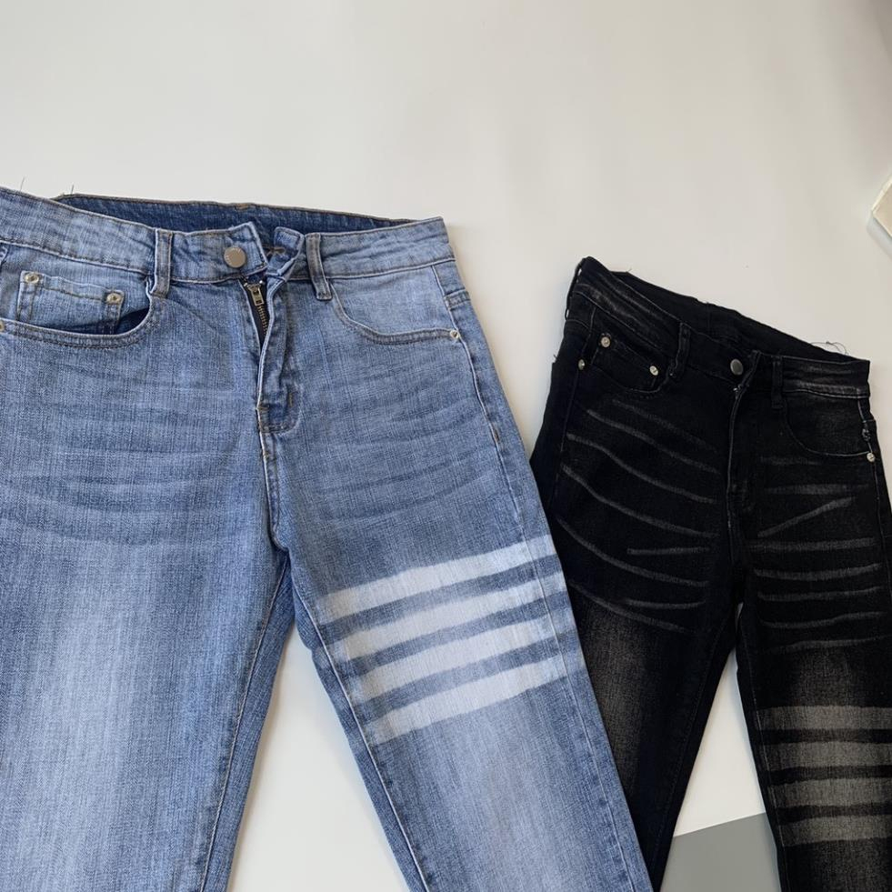 Quần JEANS THOME 4 Vạch Trắng Nam Quần bò nam Thom 4 sọc Trơn Phối Dập Kẻ Trắng Đùi hot trend 2023