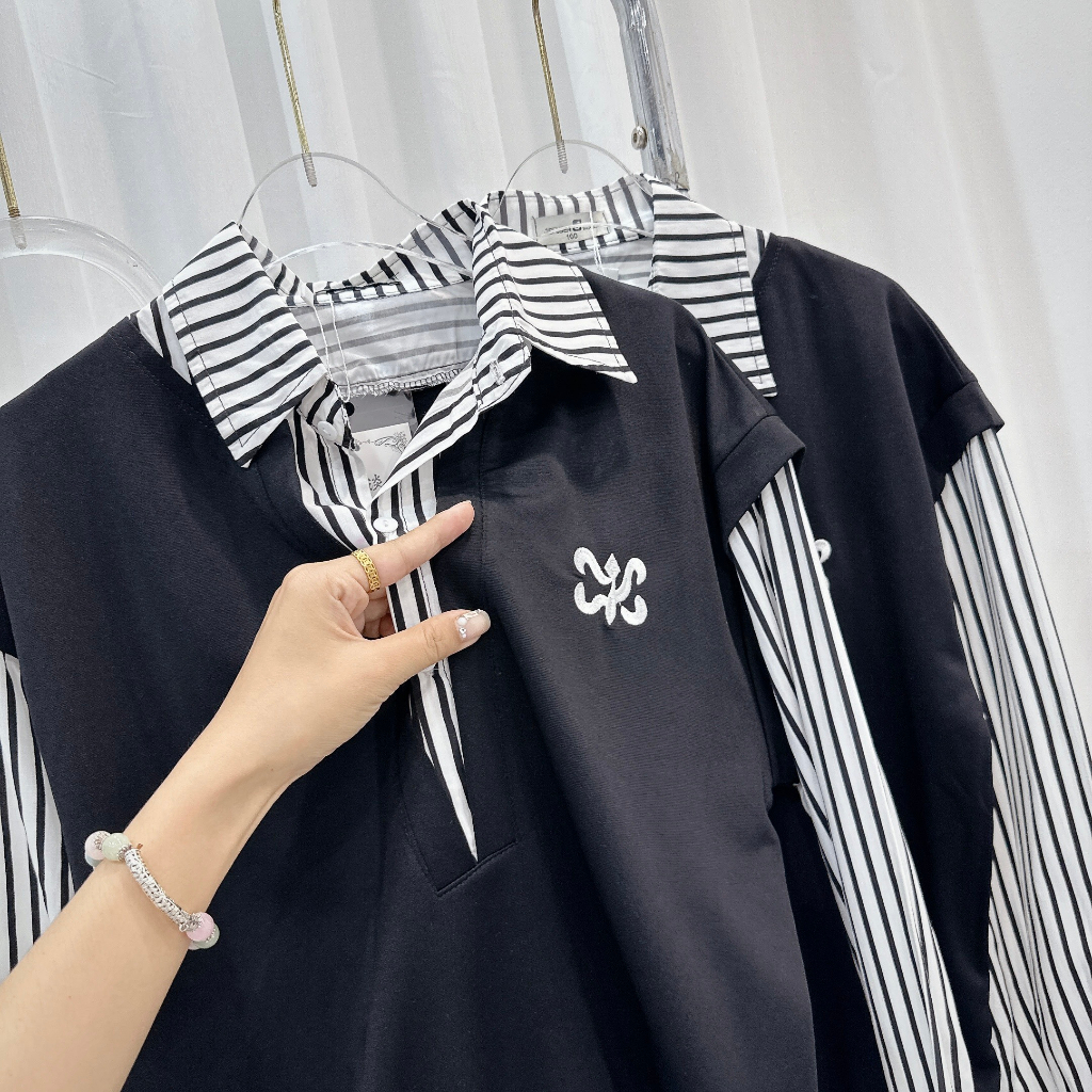 Áo Sơ Mi Nữ Kẻ Sọc Dài Tay Phối Áo Ghi Lê Cha Neo Có Chun Bo Bụng Freesize