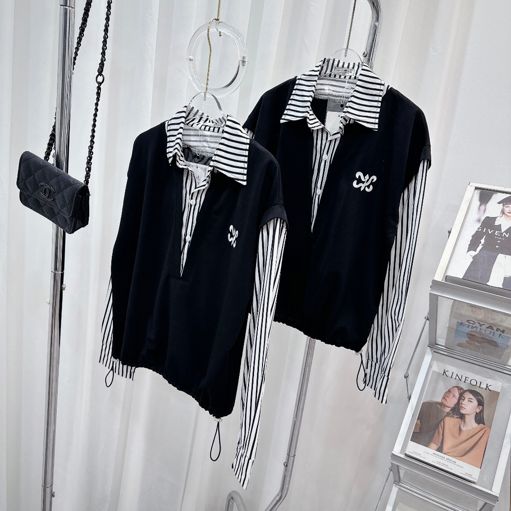 Áo Sơ Mi Nữ Kẻ Sọc Dài Tay Phối Áo Ghi Lê Cha Neo Có Chun Bo Bụng Freesize