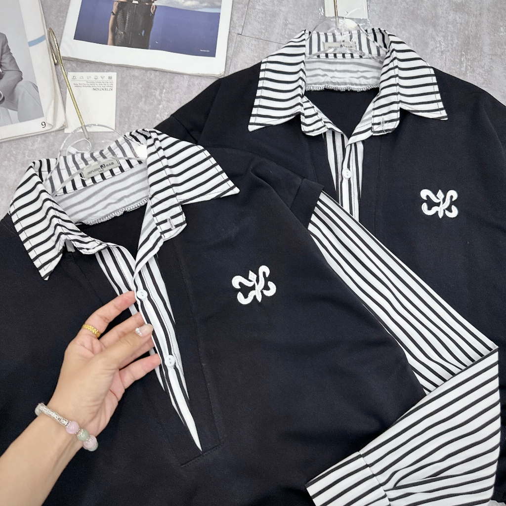 Áo Sơ Mi Nữ Kẻ Sọc Dài Tay Phối Áo Ghi Lê Cha Neo Có Chun Bo Bụng Freesize