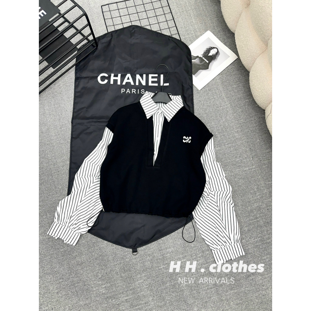 Áo Sơ Mi Nữ Kẻ Sọc Dài Tay Phối Áo Ghi Lê Cha Neo Có Chun Bo Bụng Freesize