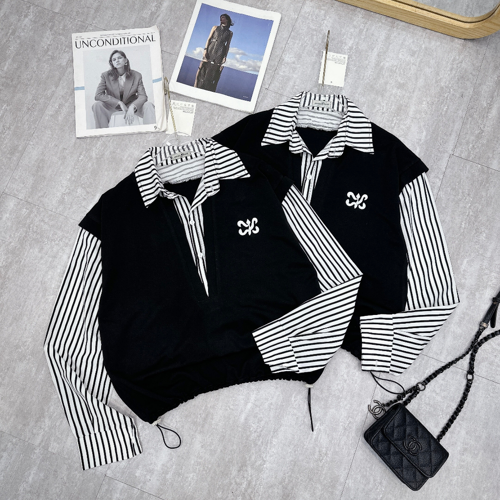 Áo Sơ Mi Nữ Kẻ Sọc Dài Tay Phối Áo Ghi Lê Cha Neo Có Chun Bo Bụng Freesize