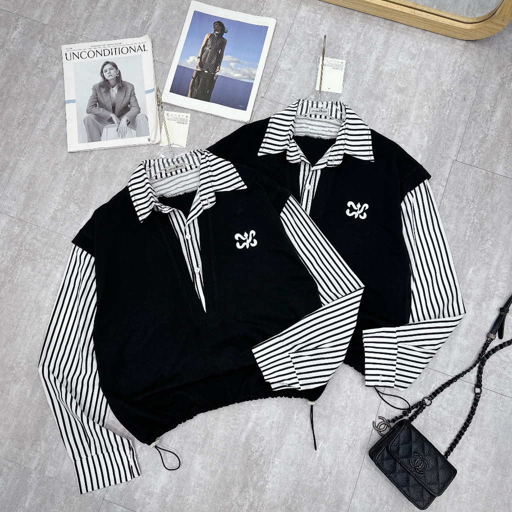 Áo Sơ Mi Nữ Kẻ Sọc Dài Tay Phối Áo Ghi Lê Cha Neo Có Chun Bo Bụng Freesize