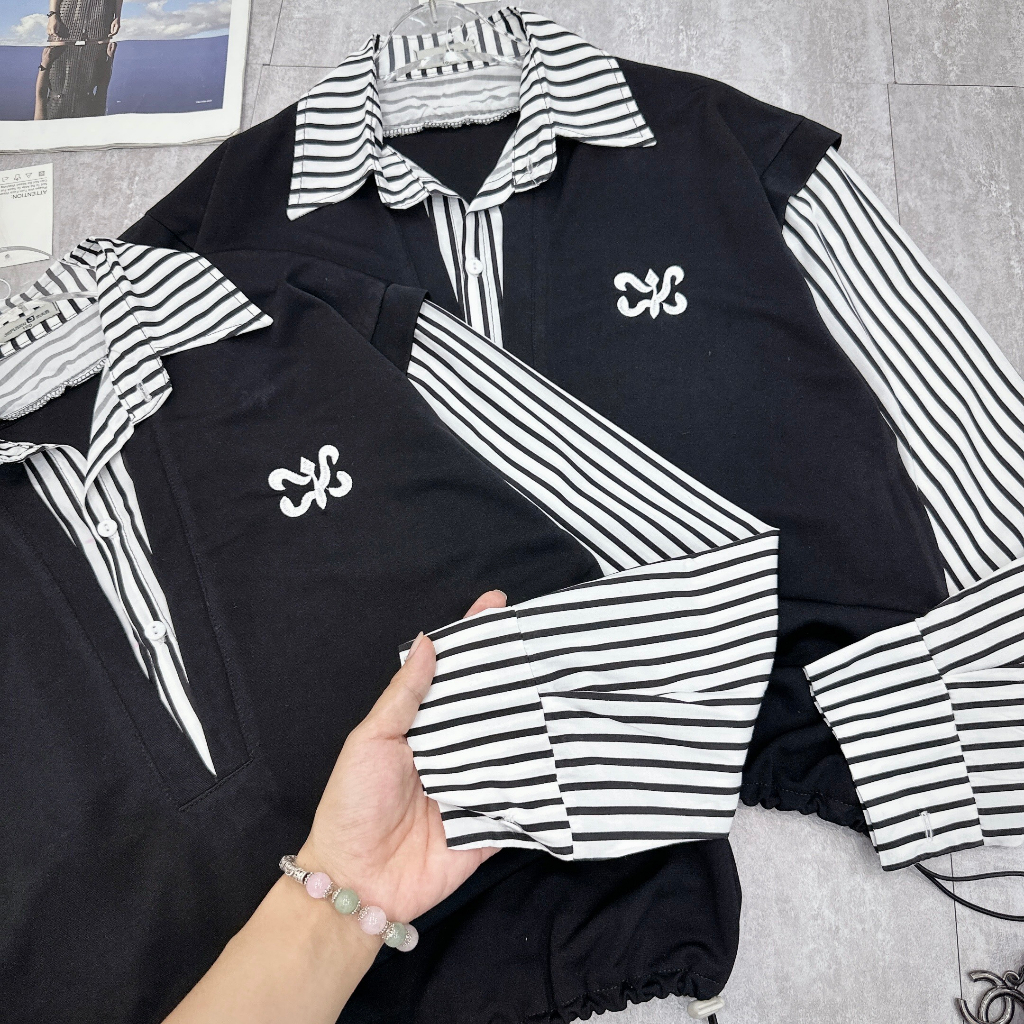 Áo Sơ Mi Nữ Kẻ Sọc Dài Tay Phối Áo Ghi Lê Cha Neo Có Chun Bo Bụng Freesize