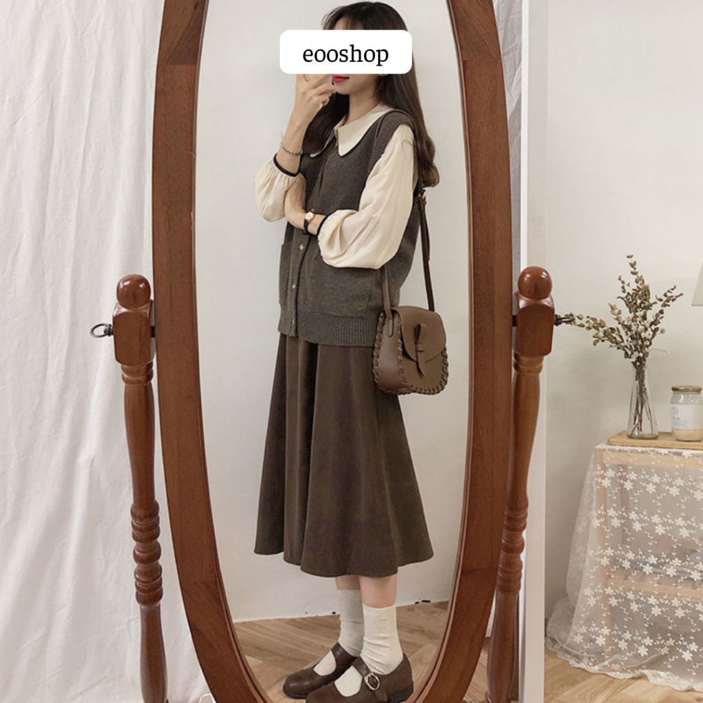 Set áo sơ mi gile len váy maxi xòe dài màu be nâu phong cách vintage retro eooshop