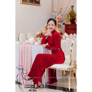 Áo dài nhung đỏ truyền thống cổ cao| áo dài tết, áo dài cưới
