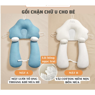 Gối Chữ U NHÀ GẤU Cho Bé Sơ Sinh Chống Giật Mình Chống Bẹp Đầu Có Dây Rút Điều Chỉnh