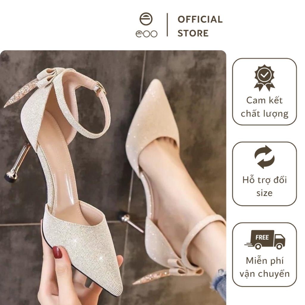 Giày cao gót mũi nhọn giày nhiều màu đính nơ lấp lánh eooshop