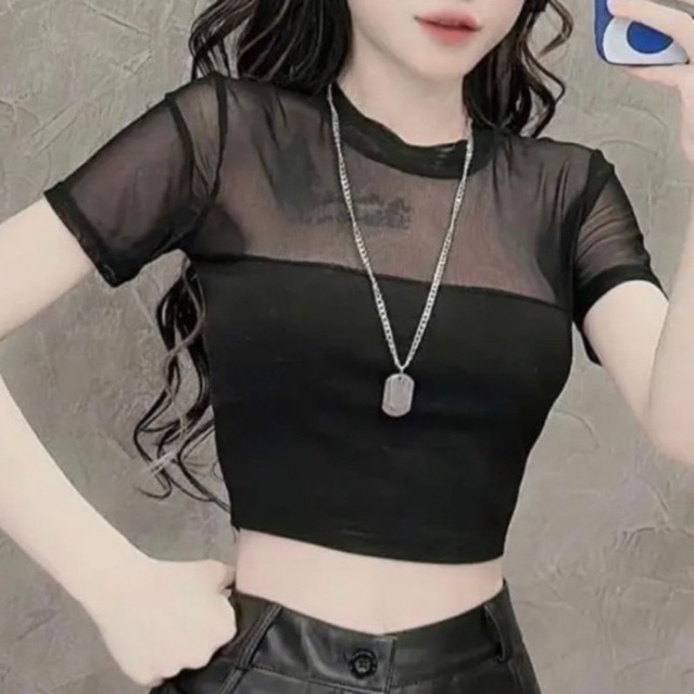 Áo tay ngắn phối lưới , Áo croptop tay ngắn pha lưới, áo thun ôm body sexy🍬🍬🍬Loiii