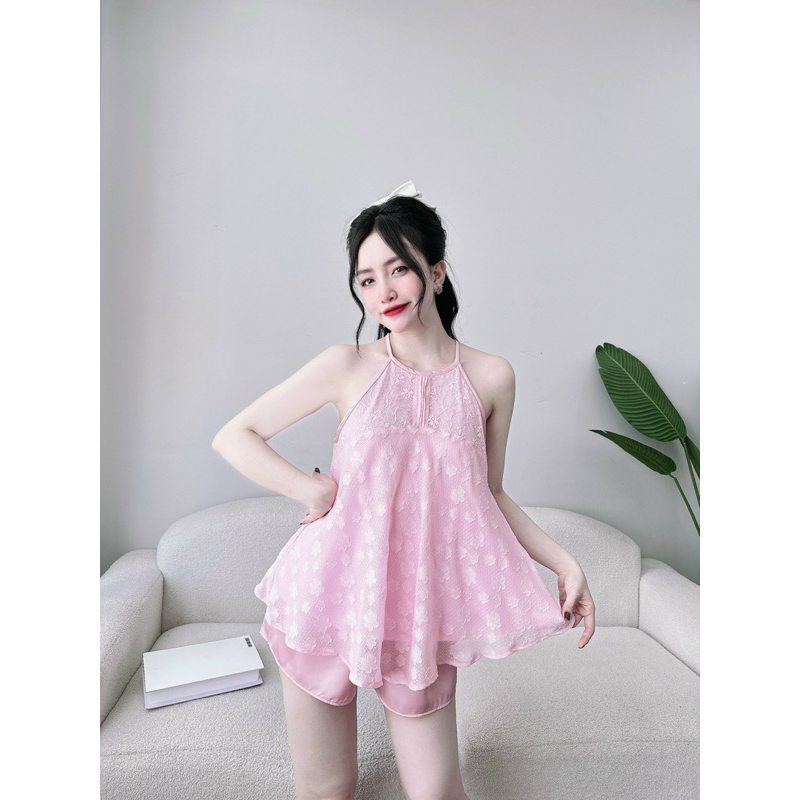 Đồ Ngủ Nữ MÚP STORE Bộ Yếm Tơ Thêu Quần Latin 1 size 45 - 70Kg