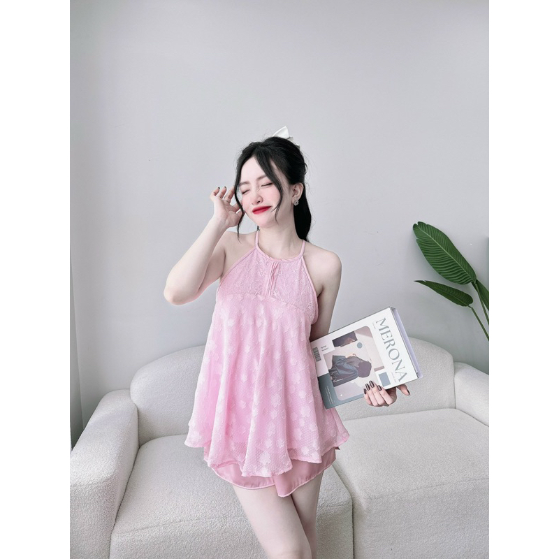 Đồ Ngủ Nữ MÚP STORE Bộ Yếm Tơ Thêu Quần Latin 1 size 45 - 70Kg