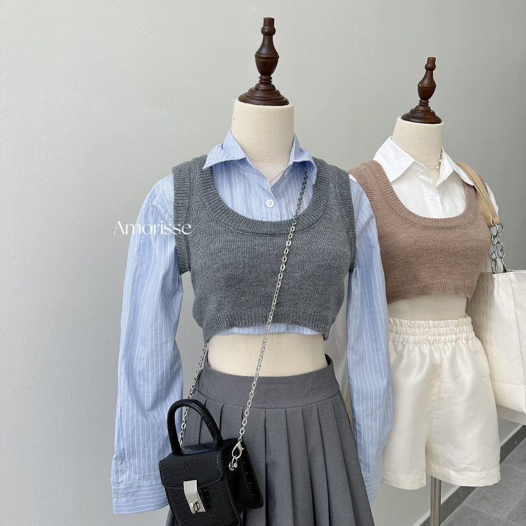 Set Sơ Mi kèm áo Gile Len Croptop