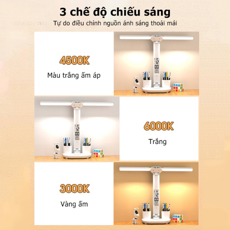 Đèn học chống cận chống cận, đèn đọc sách để bàn sạc pin 3 chế độ ánh sáng, màn hình LED hiện thị ngày bảo hành 12 tháng