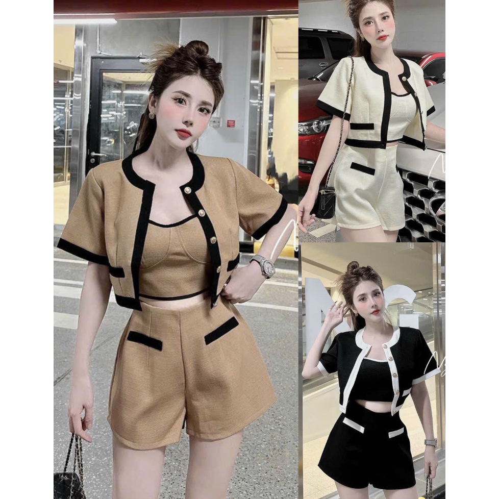 Sét bộ Dạ 3 món phối viền gồm áo khoác tay ngắn kèm áo dây mix quần short siêu xinh, cá tính Gs0181